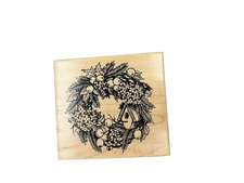 Vtg 1999 PSX Designs Christmas Wreath with Birdhouse Wood Rubber Stamp K-1593