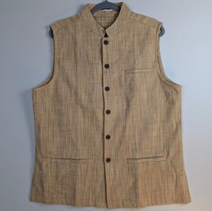 Fabindia Men's Nehru Vest Size LARGE Tan Waistcoat 100% Cotton Linen