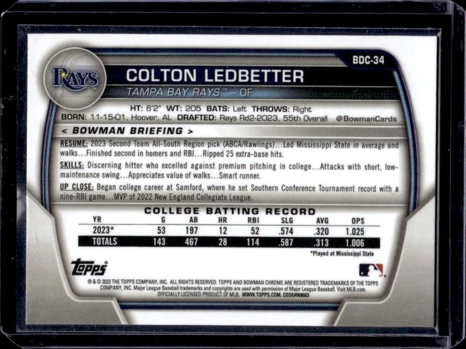 2023 Bowman Draft Colton Ledbetter Chrome Purple Refractor 1st #67/250 - Image 2 of 2