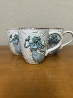 Lot Of 3 Cracker Barrel Mermaid 3-D Textured Blue Tan Marine Ocean Coffee Mugs