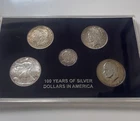 100 Years of Silver Dollars in America, 5 Coin Set. Morgan, Peace, Eagle, Ike…