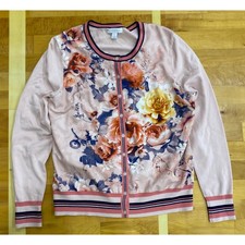 Charter Club Floral Print Cardigan Sweater Pink Blue Yellow Roses Navy Size M