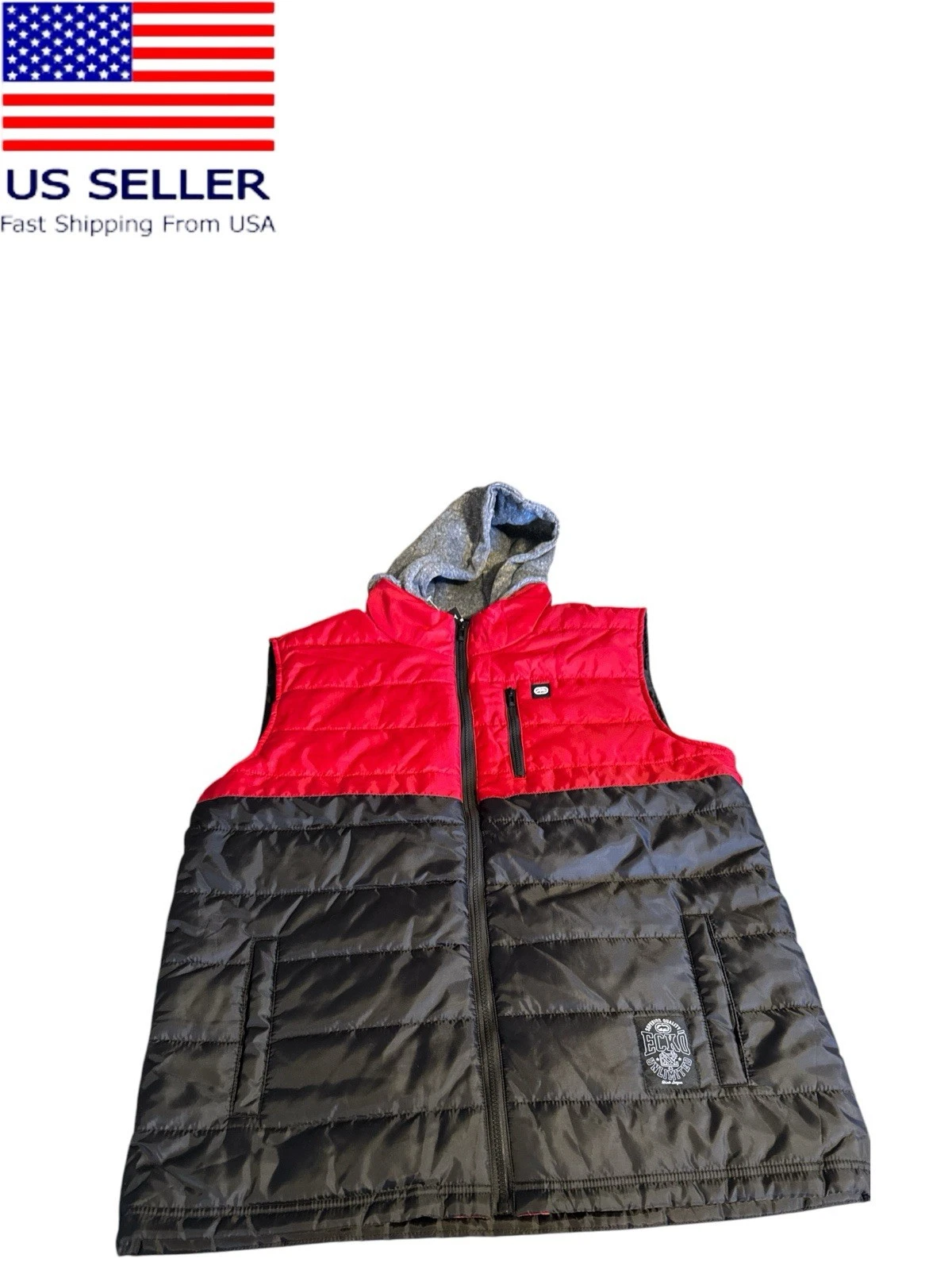 Ecko Unltd Men Puffer Vest Color Block Hooded Red Black Size Large new