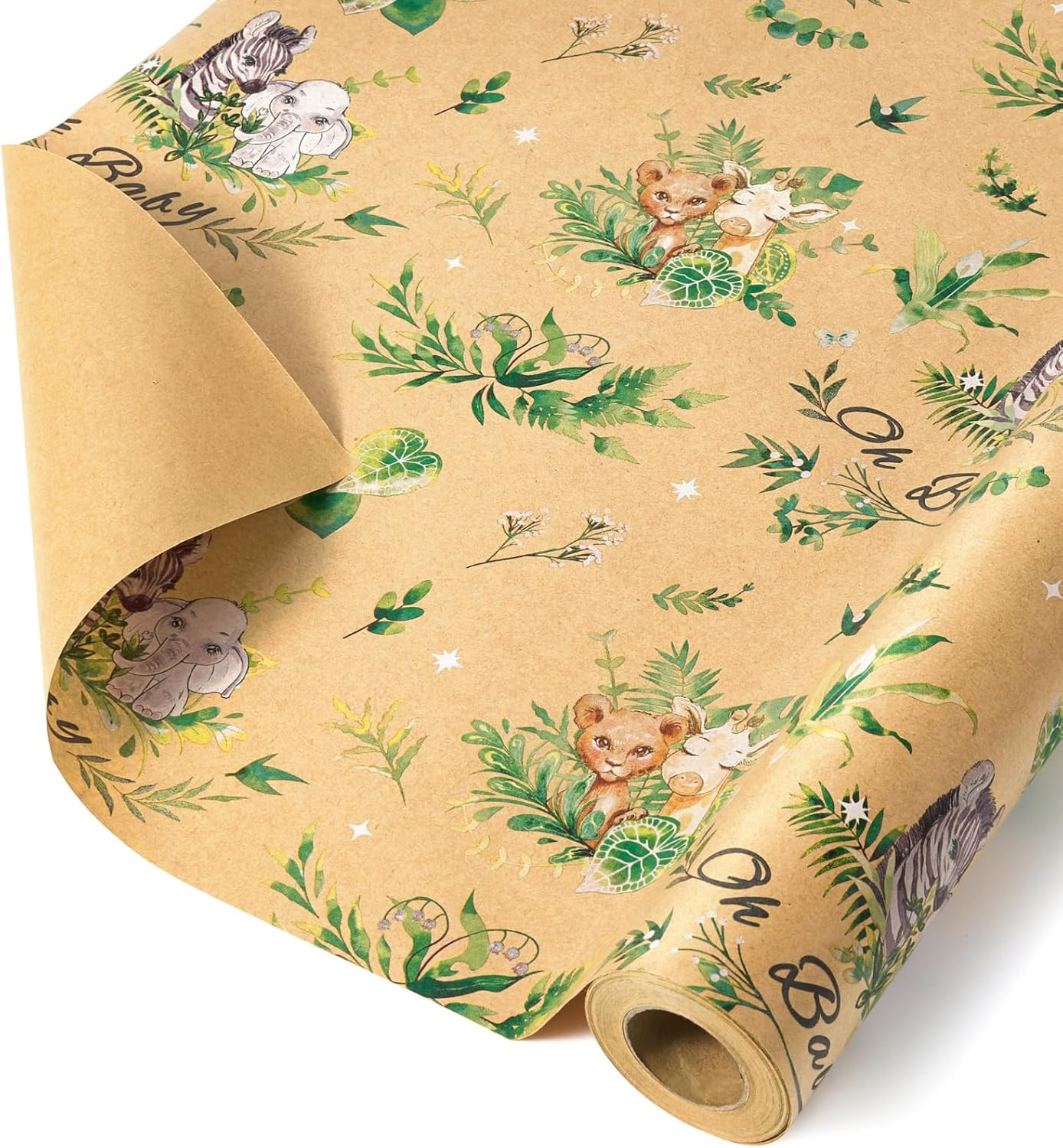 Woodland Animal Kraft Wrapping Paper Roll - 1 Roll 17&rdquo; x 33 ft Baby Shower Brown