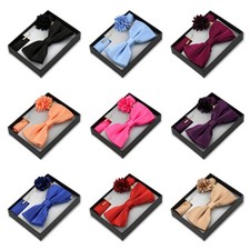 Men Bow Tie Pocket Square Lapel Pin Wedding Party Groom Formal Set With Box
