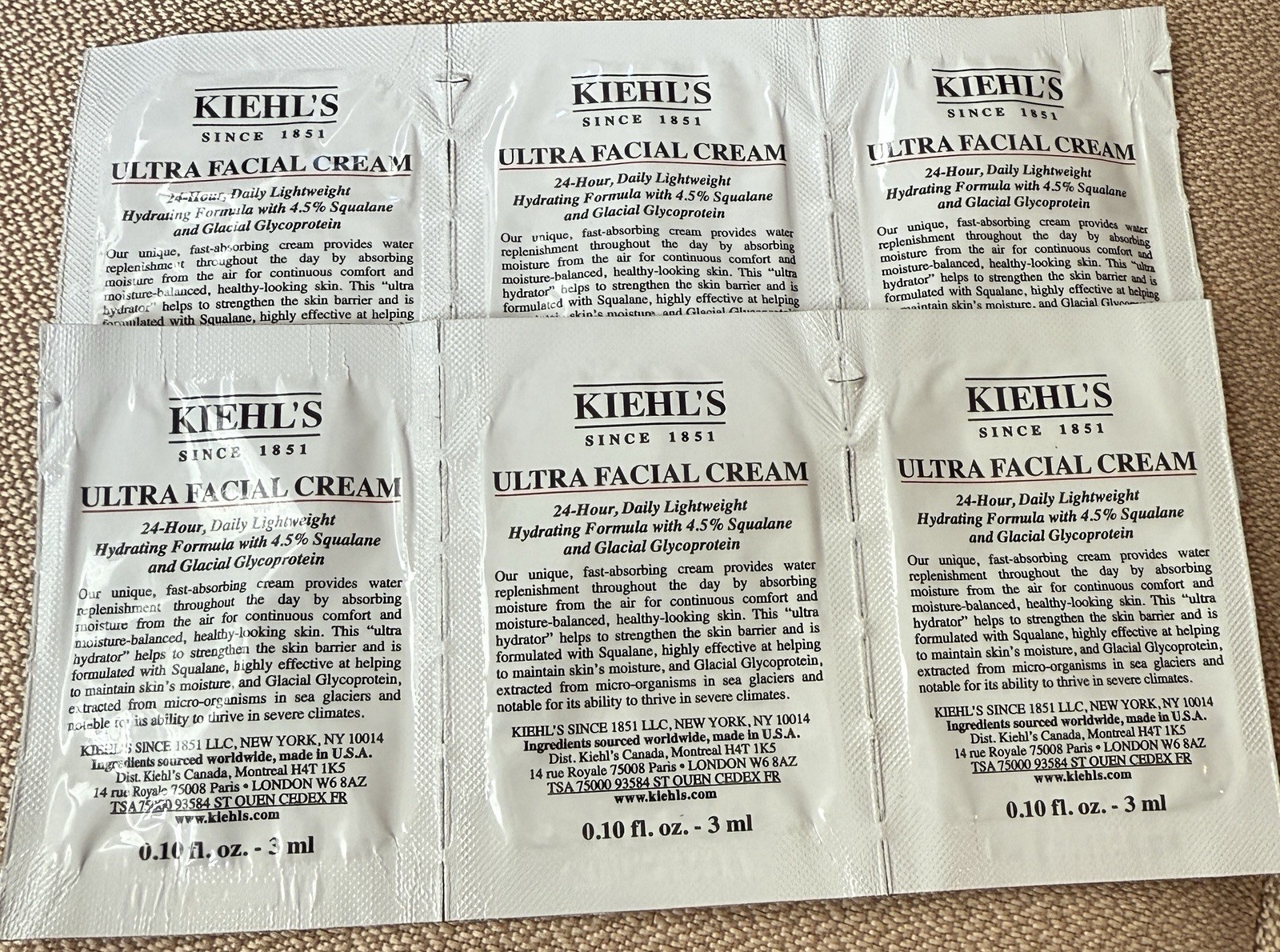 LOT OF 6 KIEHLS SAMPLE SIZE ULTRA FACIAL CREAM 24 HOUR CREAM .10OZ, 3 ml SEALED