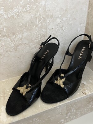 Prada Black Leather Pump Heel Sandals with Rope Detail size IT 38
