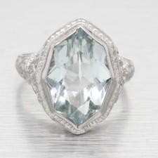 Antique Art Deco Pointed Marquise Aquamarine Cocktail Ring - 14k~ White Gold