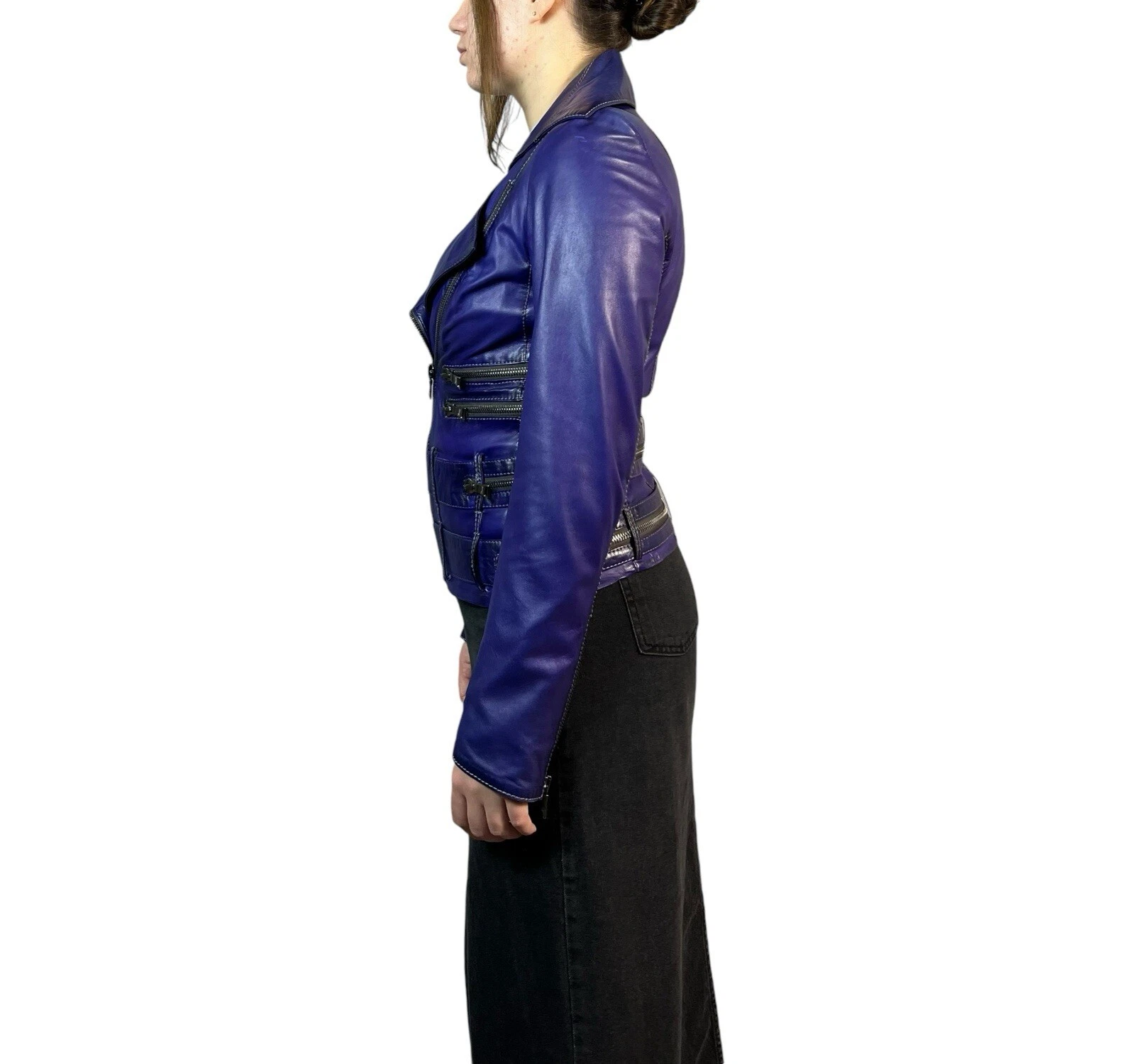 Giacca biker donna pelle Gucci vintage anni 80 full zip cintura zip viola taglia S