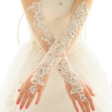 White Long Lace Fingerless Mitten Gloves Tulle Rhinestone Bridal Wedding Party