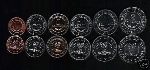 BOLIVIA 10 20 50 CENT 1 2 5 BOLIVAR 1997-2005 Bimetal UNC COIN x 1 COMPLETE SET - Picture 3 of 3
