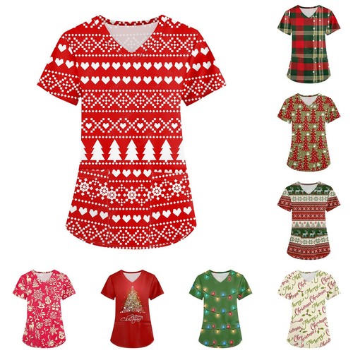 Plus Size Printed Scrub Working Uniform Tops For Women's Cross V Neck Christmas