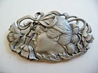JJ Jonette Jewelry Pewter Pin Brooch Vintage Gorgeous Lady Flowers 2.5"