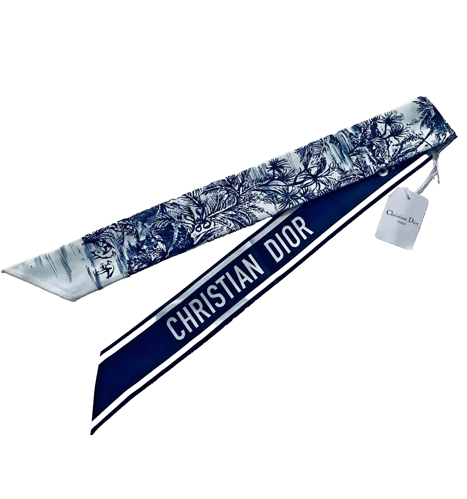 FOULARD DIOR BANDEAU ruban Sauvage Mitzah blanc cassé/bleu imprimé 100% SOIE neuf avec étiquette