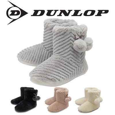 Dunlop Ladies Womens Slippers Full Bootie Boots Faux Fur Memory Foam Sizes 3-8