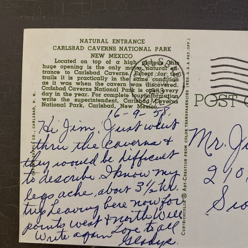 Nuevo México Entrada Natural Cavernas de Carlsbad 1958 Correo Pre-1980 Postal CROMADA - Imagen 5 de 6