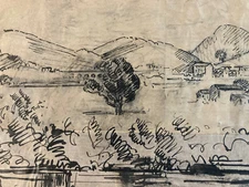 Beautiful Drawing Antique 1928 Ink Guillaume Dulac Village Lassale Paper Country