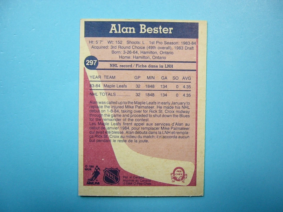 1984/85 O-PEE-CHEE HOCKEY CARD #297 ALAN BESTER ROOKIE EX/EX- AUTO AUTOGRAPH OPC - Image 2 of 3