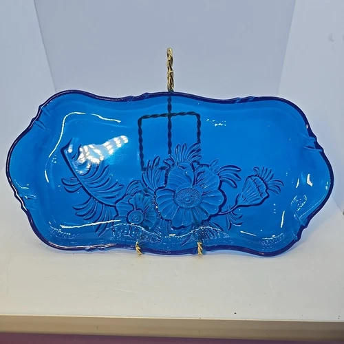Jeanette Blue Glass Floral Embossed Tray 11¾" X 5¾"