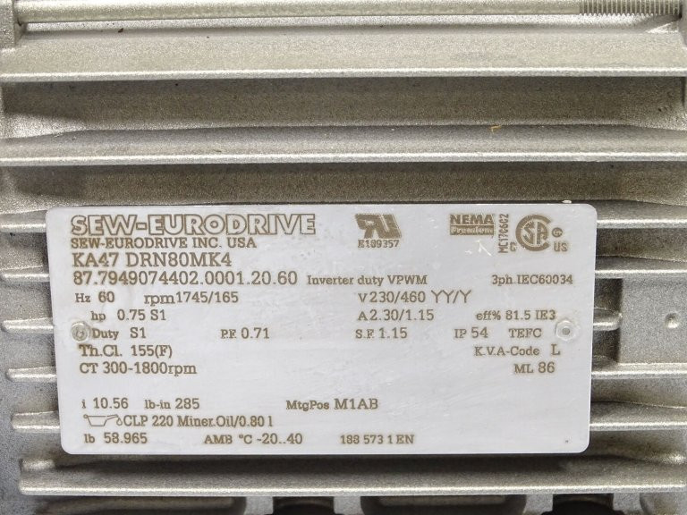 SEW-EURODRIVE KA47DRN80MK4 HELICAL-BEVEL GEARMOTOR (134818 SEW-EURODRIVE KA47DRN80MK4 HELICAL-BEVEL GEARMOTOR (134818