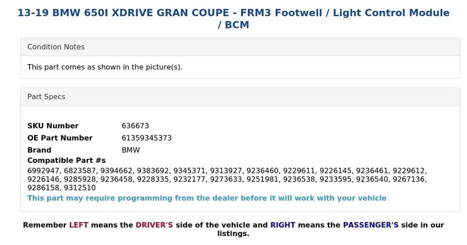 BMW 650I XDRIVE GRAN CUPÉ 13-19 - Espacio para pies FRM3 / Módulo de control de luz / BCM Foto 3 de 3
