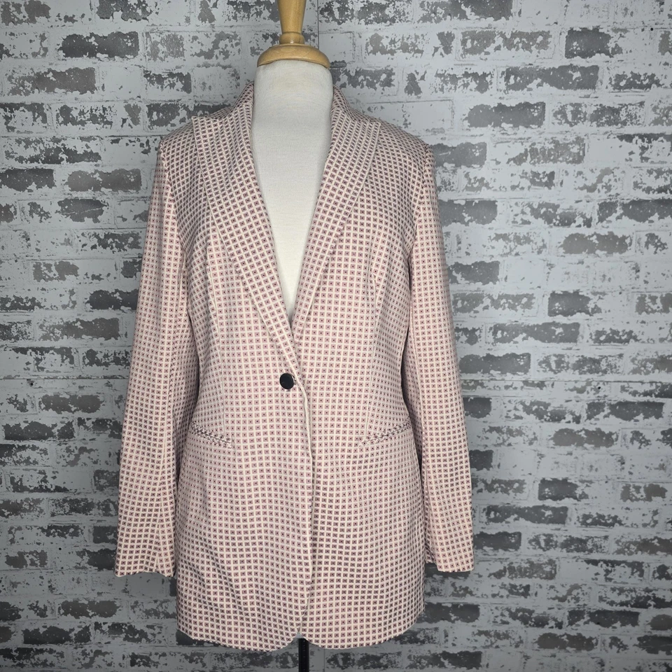 Traje Pantalón Anne Klein 2 Piezas Mujer Mediano Retro Estampado Geométrico Pico Solapa Rosa Foto 3 de 4