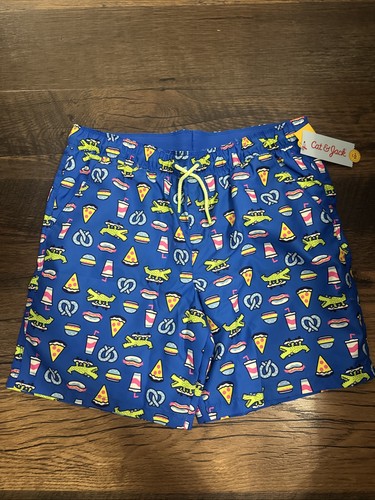 Cat & Jack Alligator Hot Dog Pizza blau Badehose mit Kordelzug Jungen Größe 14 - Bild 1 von 4
