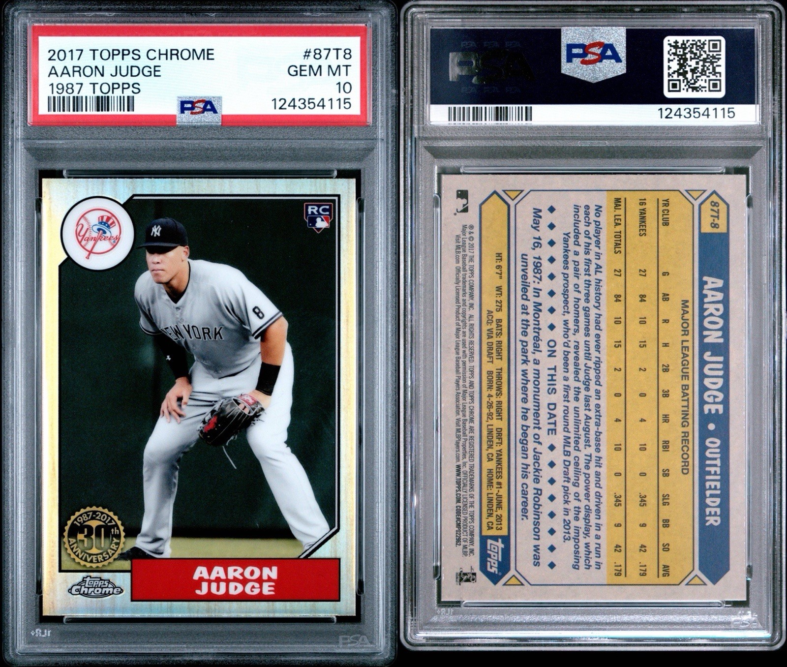 2017 Topps Chrome #87T-8 Aaron Judge RC Rookie 30th Anniversary Refractor PSA 10 view 3