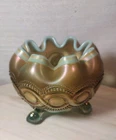 Antique Northwood Aqua Opalescent Glow Carnival Glass Beaded Cable Rose Bowl EUC
