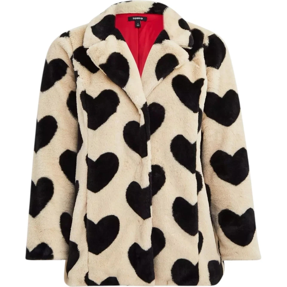 Torrid Faux Fur Heart Print Coat Cream Black Red Lined Long Sleeve Button Front - Image 3 of 4