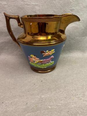 ANTIQUE 7 1/2 INCH COPPER LUSTERWARE HAND PAINTED PITCHER