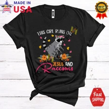 Girl Runs On Jesus And Raccoons, Adorable Flowers Floral Animal Lover T-Shirt