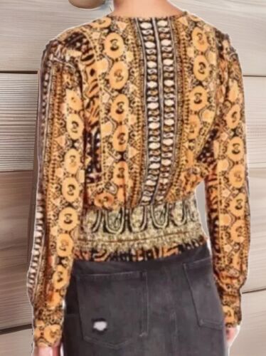 Free People Top Wild And Free Crop Blouse Orange Black L/S Sexy Plunge Large - Picture 2 of 8