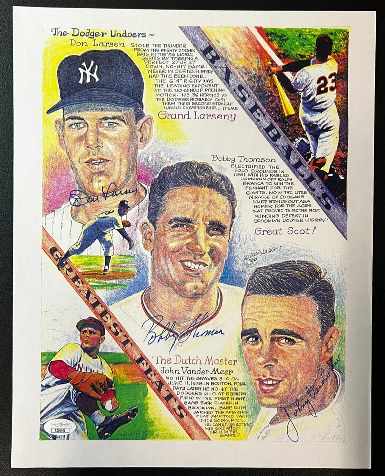 Don Larsen/Bobby Thomson/Etc. Signedx3 Print JSA w/COA 'The Dodger Undoers' MLB! - Image 2 of 4