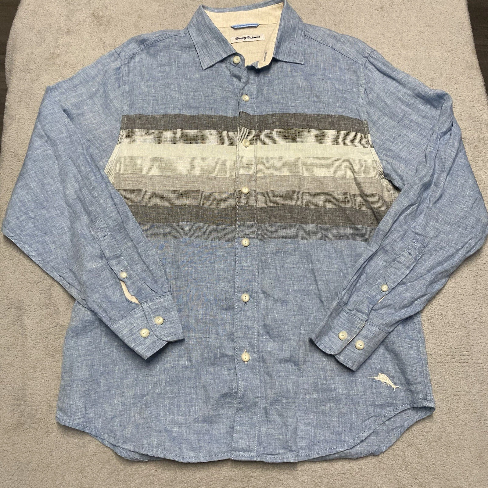 Tommy Bahama Linen Shirt Mens Medium Blue Striped Casual Beach Coastal Preppy