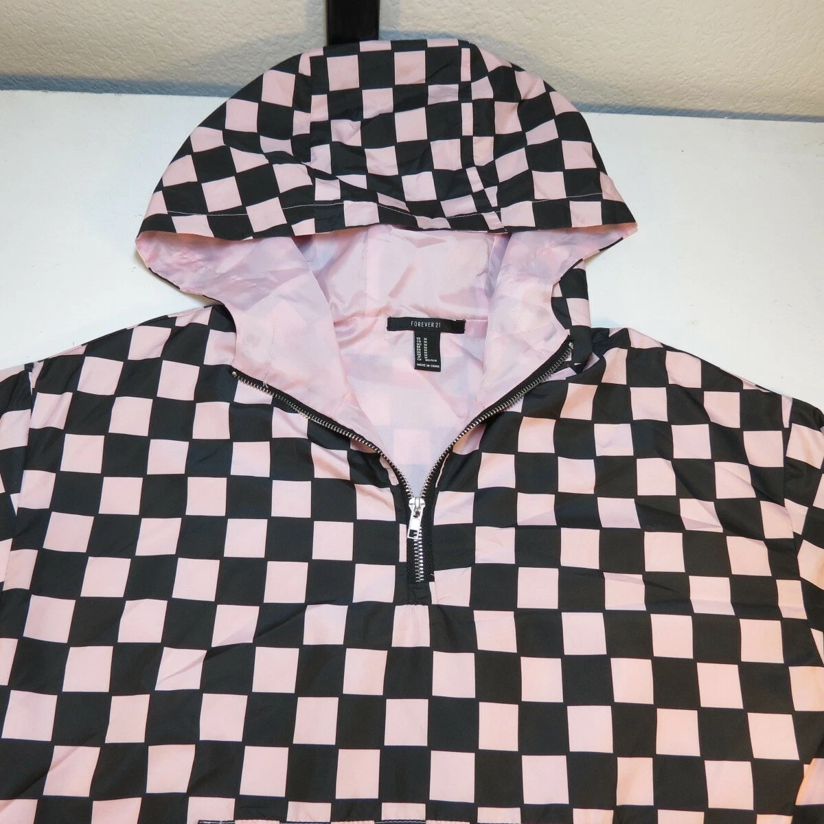 FOREVER 21 CHECK CHECKERED 1/4 ZIP HOODIE HOODED SWEATSHIRT JACKET