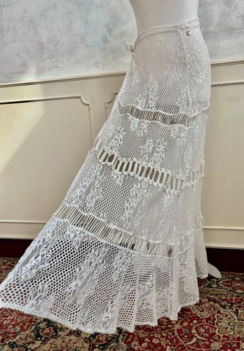 ALTO GIRO Designer White Floral Lace Mesh Flared Sarong Beach Wrap Maxi Skirt M - Picture 9 of 11
