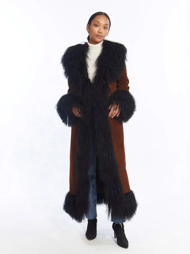 Mongolian Faux Fur Coat, long Faux Fur Coat Mongolian Long Fur and Suede - Picture 4 of 23