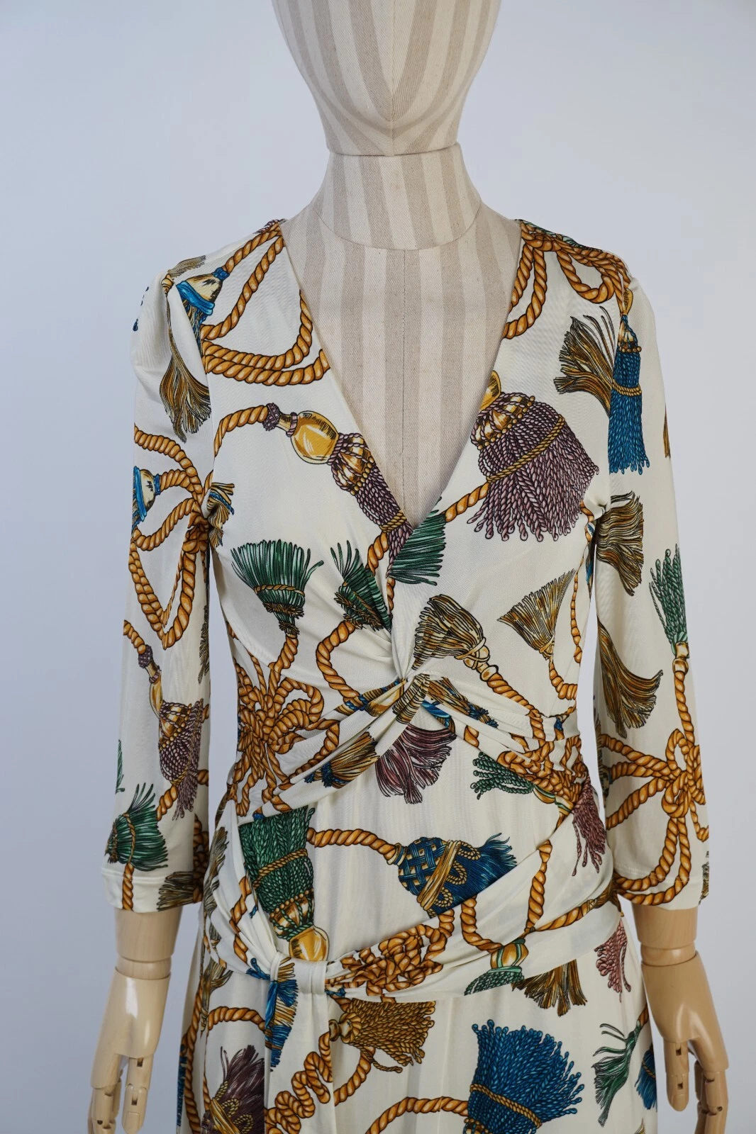 RARO Abito Moschino Couture Stampa Corda Cintura Bianco AUTENTICO TG 42 Scollo a V