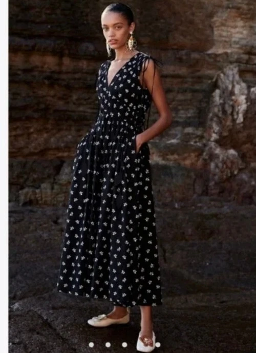 Abito con cravatta senza maniche Tory Burch nero nuovo avorio taglia 6