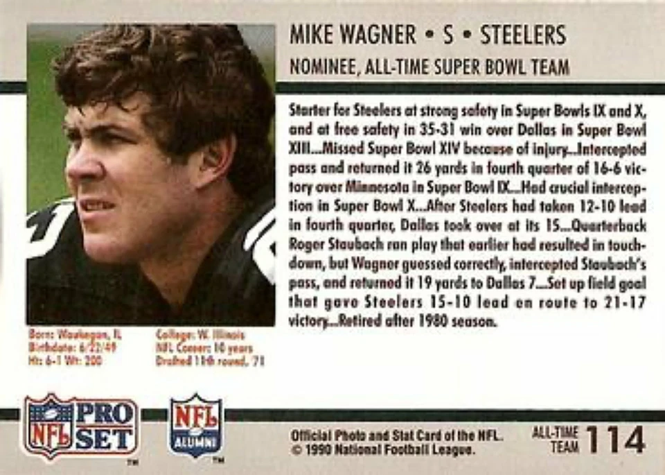 1990-91 Pro Set Super Bowl 160 Football 114 Mike Wagner - Image 2 of 2