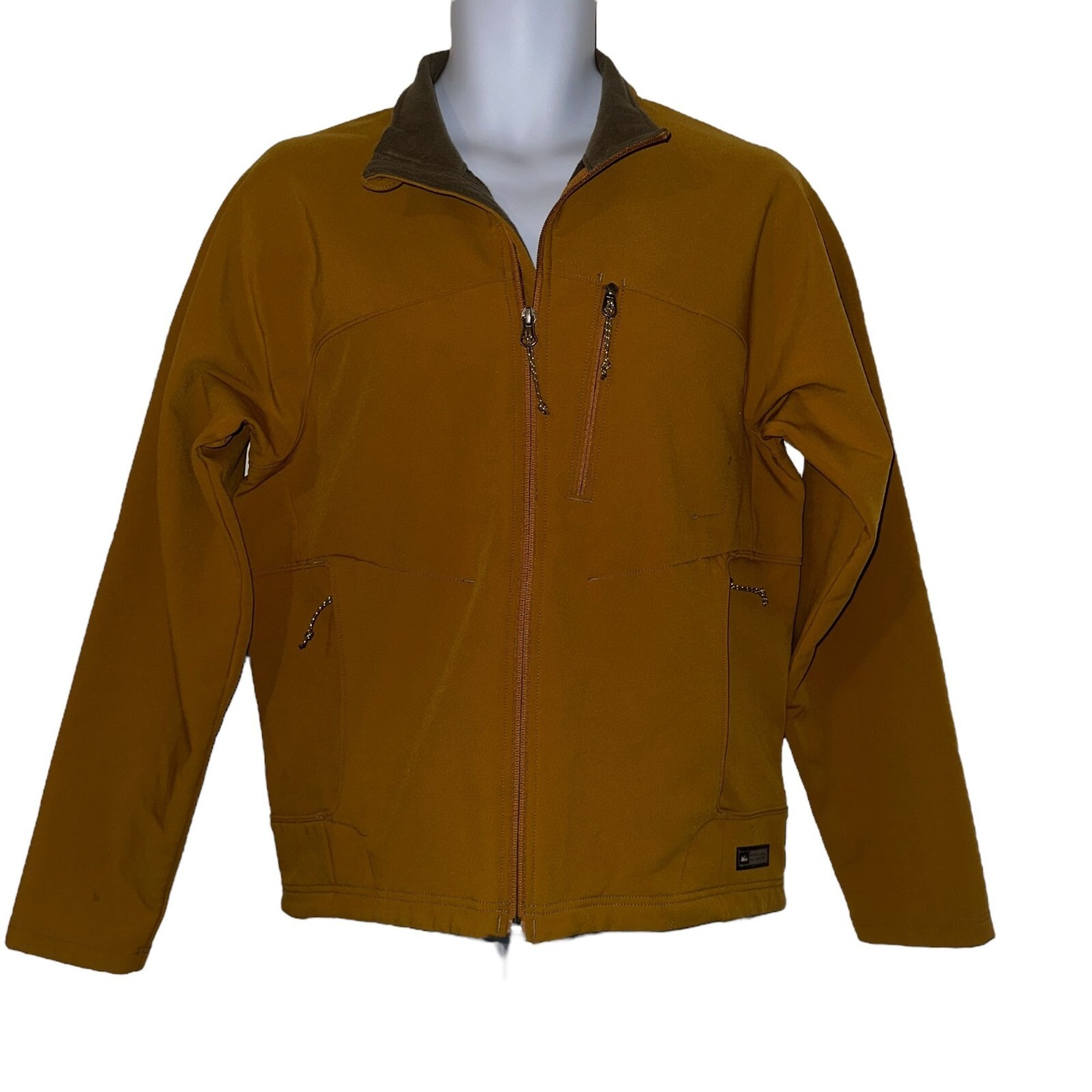 REI Yellow Fleece Lined Jacket Mens S Logo Zipper Pockets Outdoors Outerwear