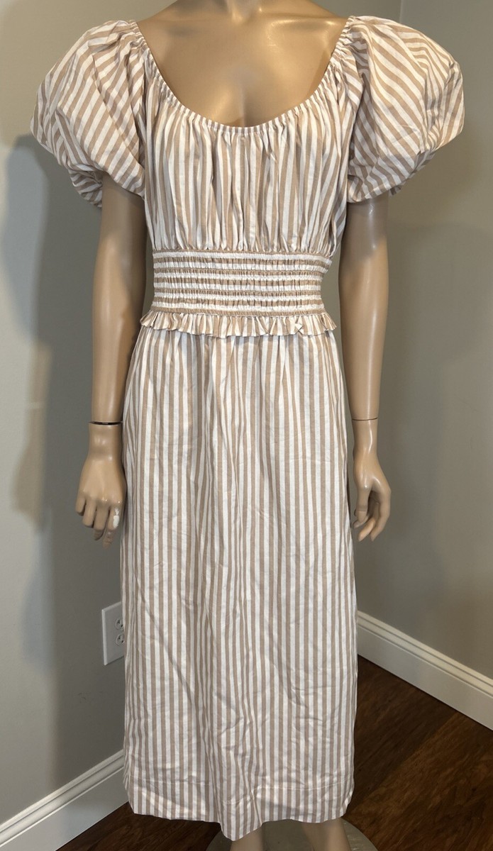 Tuckernuck Pomander Place Beige Striped Puff Sleeve Flynn Dress Sz XXL
