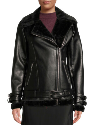 Mark Alan NY Women's Vegan Leather Faux Fur Collar Coat w/ Plush