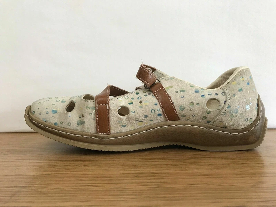 ☘️Mujer Rieker Antiestrés Gamuza Cuero Estampado Zapatos Correa Zuecos Planos Talla 37 6 Foto 2 de 4