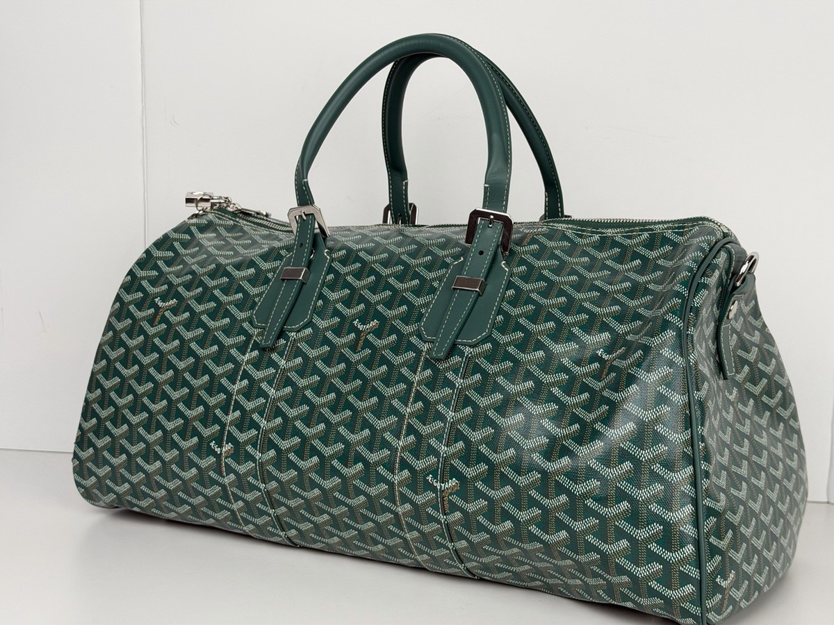 goyard travel bag men's Goyard Boston 45 Travel Bag in Green Goyardine Canvas with Leather Trim