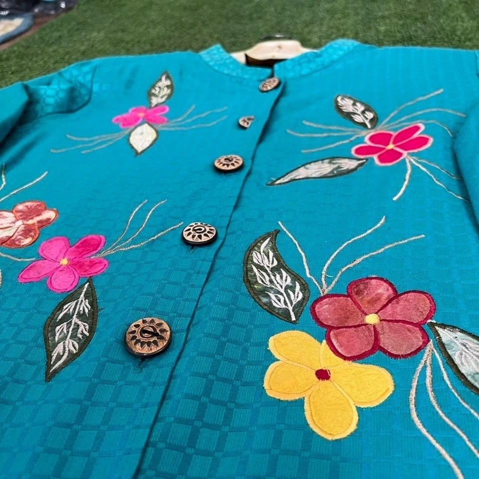 Vintage Alex Kim Blue teal floral embroidered button-up tunic Japanese jacket XL - Image 3 of 4
