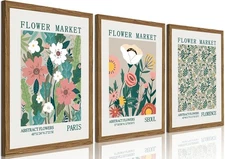 Wood Framed Flower Market Canvas Wall Art set of 3 - Vintage Colorful Floral ...