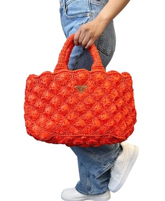 PRADA Vintage Triangle Logo Raffia Tote Bag Crossbody 2way Orange