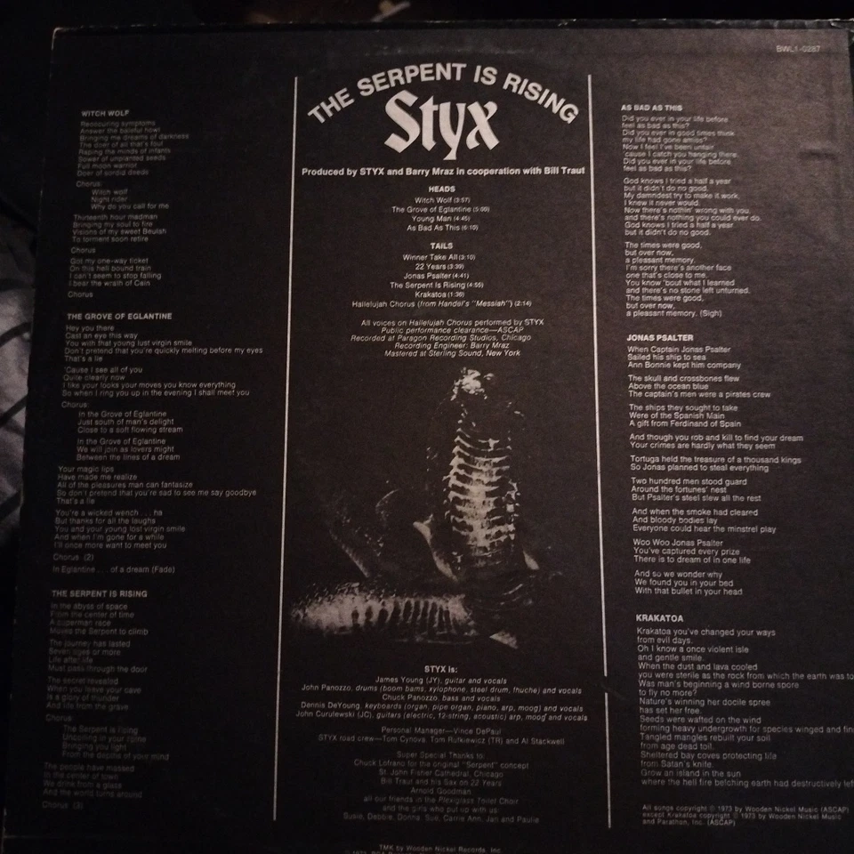 STYX THE SERPENT IS RISING 12" LP EX VINYL FIRST INDIANAPOLIS PRESSING 1973 - Image 4 of 4